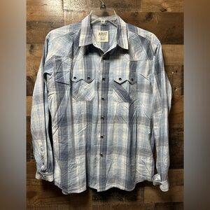 Ariat Men’s Western Plaid Button-Up Shirt Blue Gray XL Long Sleeve Cotton